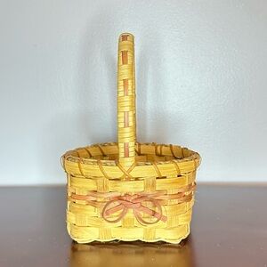 Vintage Split Wood Basket with Handle & Pink Wooden Bow